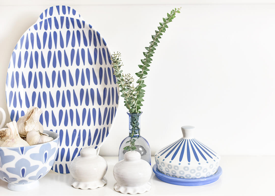 Front View of Coordinating Iris Blue Designs Including Iris Blue Drop Large Handled Oval Platter