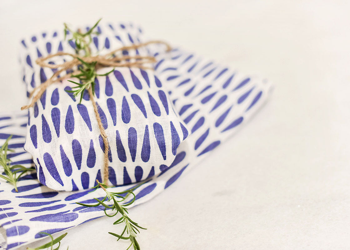 Cropped Close up of Gift Linen Towels with Iris Blue Drop Design