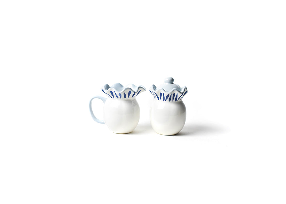 Front View of Iris Blue Drop Ruffle Cream and Sugar Set Showcasing Design Details on Outside