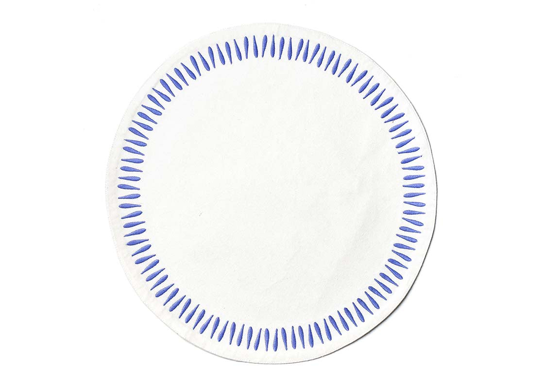 Overhead View of One Placemat in Iris Blue Drop Round Placemat Showing Full Design
