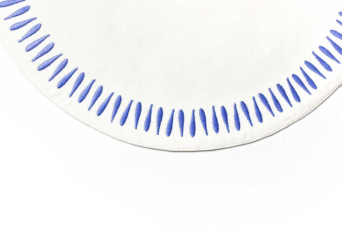 Cropped Close up of Detailed Embroidery on Border ofn Iris Blue Drop Round Placemat