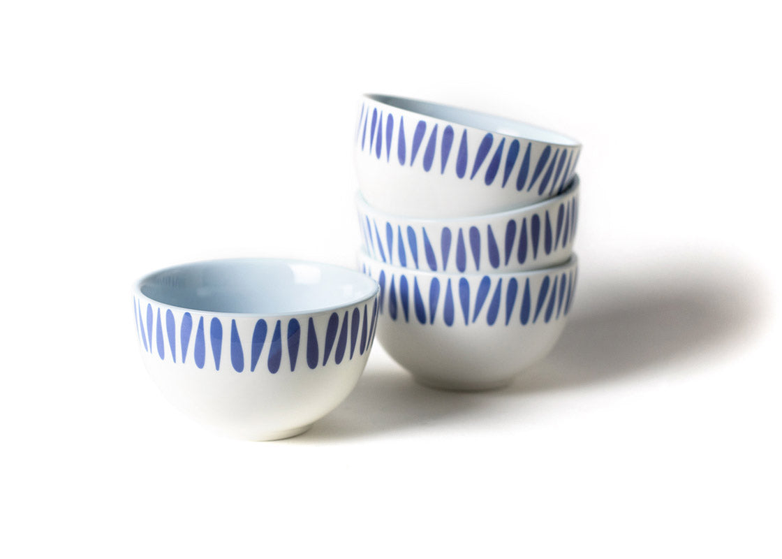 Front View of Stacked Iris Blue Drop Small Bowl Set of 4 with Hand-Painted Interior and Repeating Design on Edge