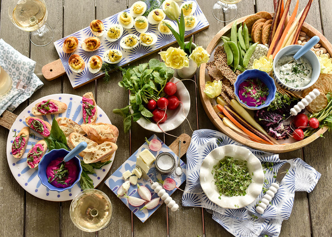 Overhead View of Happy Hour Tablescape Featuring Iris Blue Designs Including Mango Wood Round Handled Serving Tray