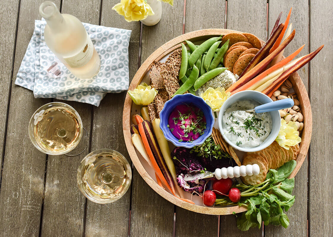 Overhead View of Happy Hour Charcuterie Service on Mango Wood Round Handled Serving Tray Iris Blue Drop Design