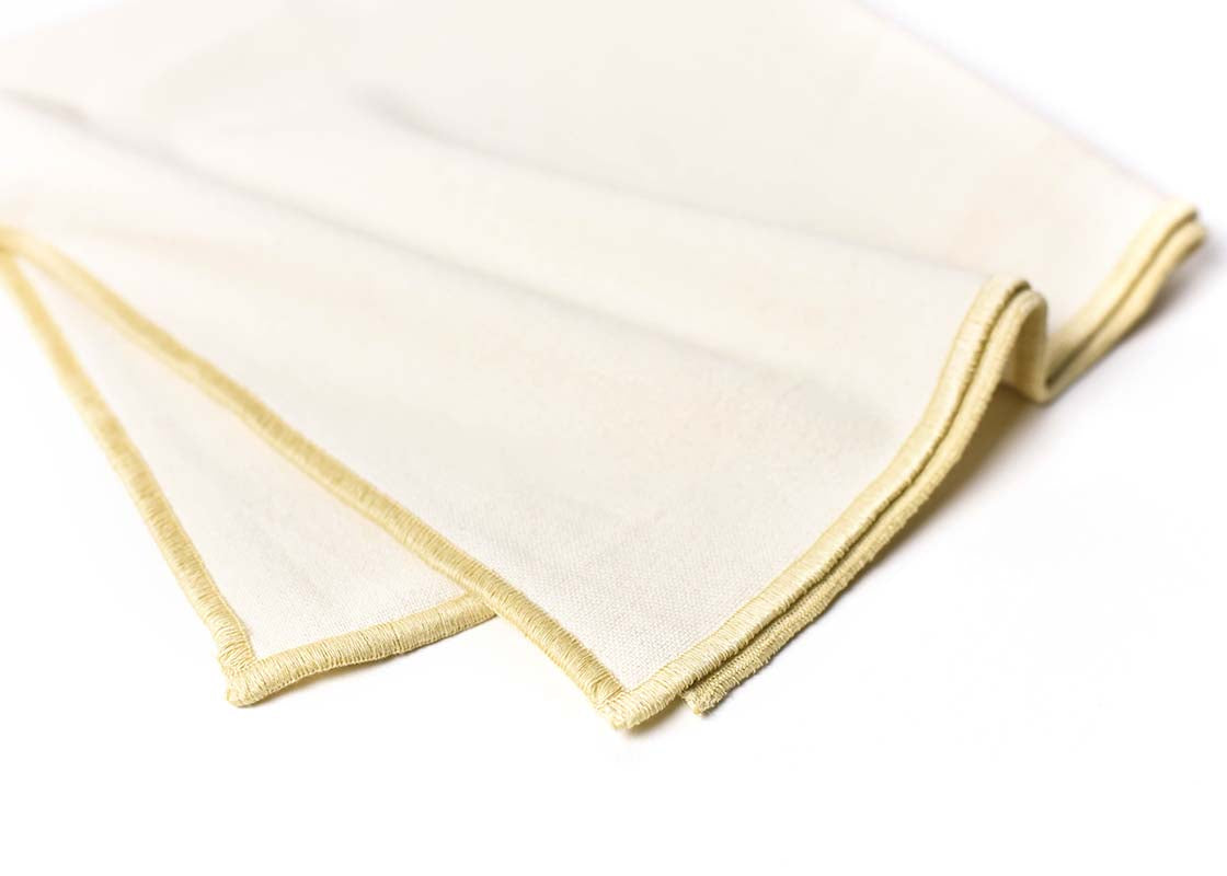 Cropped Close up of Ecru Hem Stitched Edge on Folded Ecru Color Block Napkins Set of 4 Showcasing Beautiful Texture of Fabric