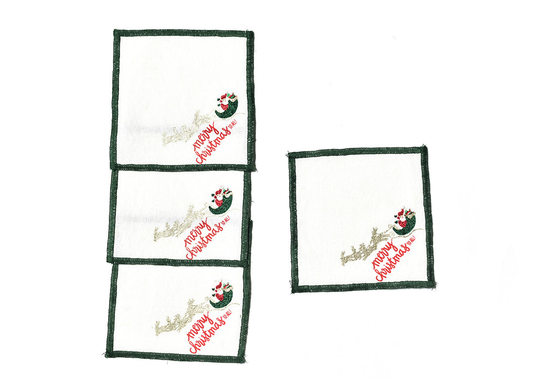 Overhead View of Flying Santa Cocktail Napkins Set of 4 Showing all Pieces in Set