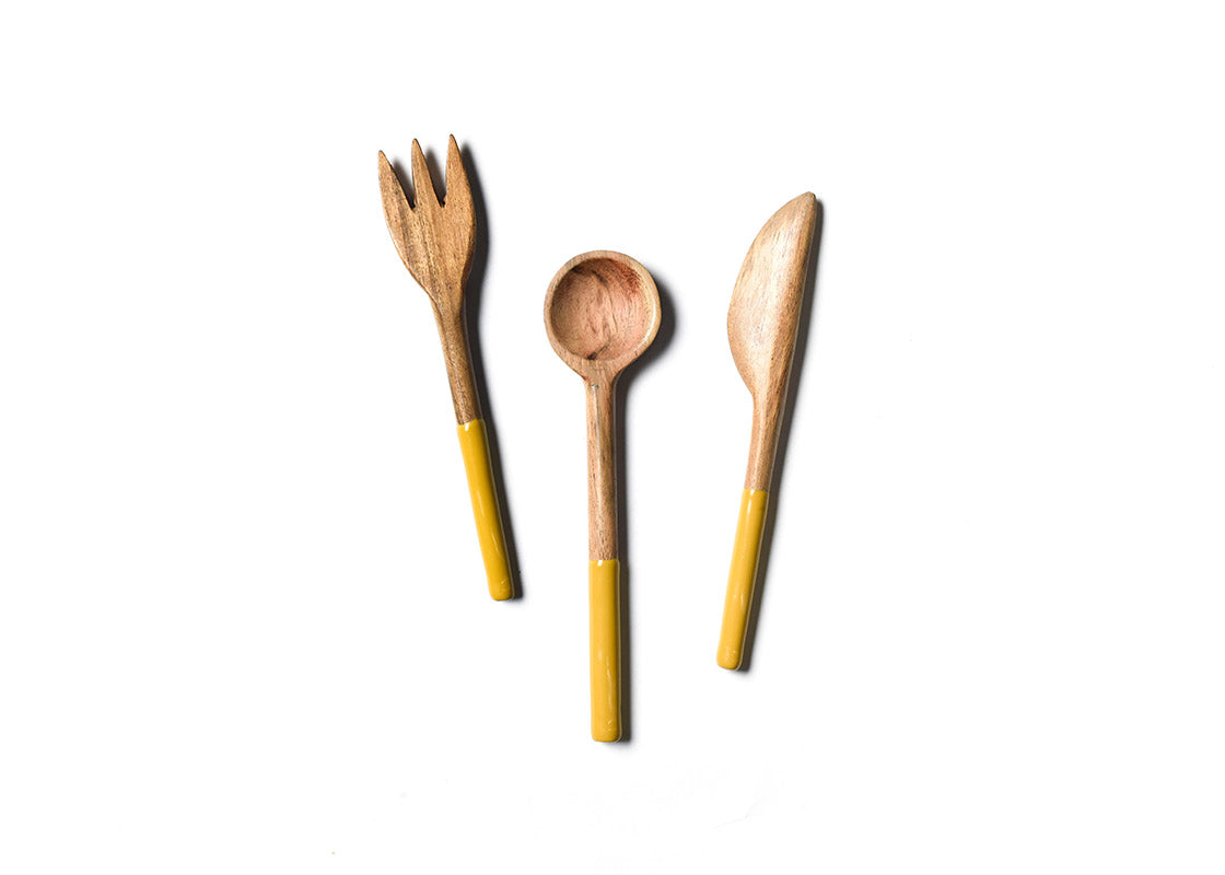 Overhead View of Fork, Spoon and Knife in Brass Fundamental Wood Appetizer Utensil Set Placed Side by Side