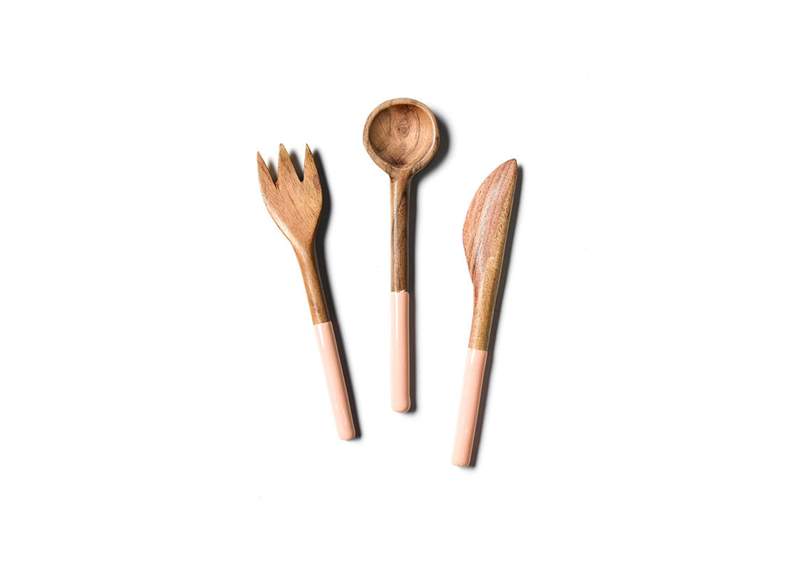 Overhead View of Fork, Spoon and Knife in Blush Fundamental Wood Appetizer Utensil Set Placed Side by Side