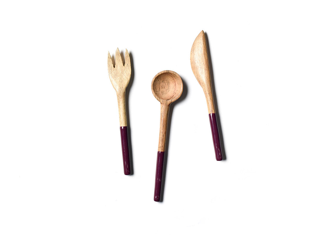 Overhead View of Fork, Spoon and Knife in Coquette Fundamental Wood Appetizer Utensil Set Placed Side by Side