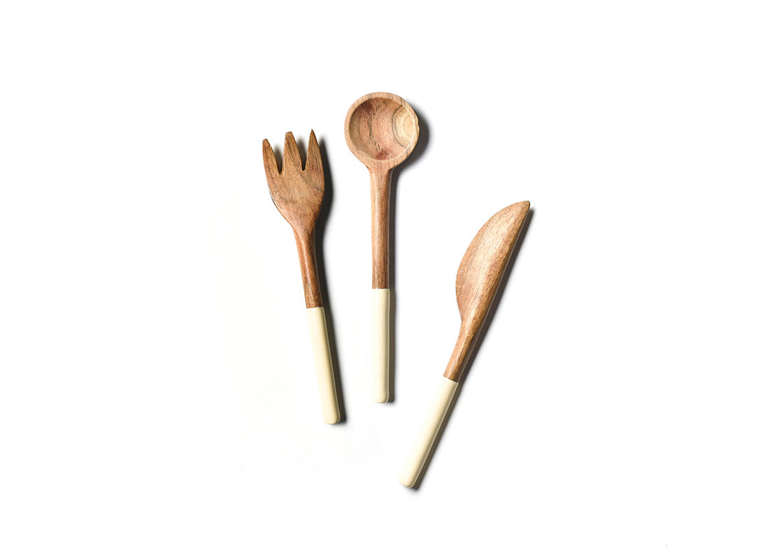 Overhead View of Fork, Spoon and Knife in Ecru Fundamental Wood Appetizer Utensil Set Placed Side by Side