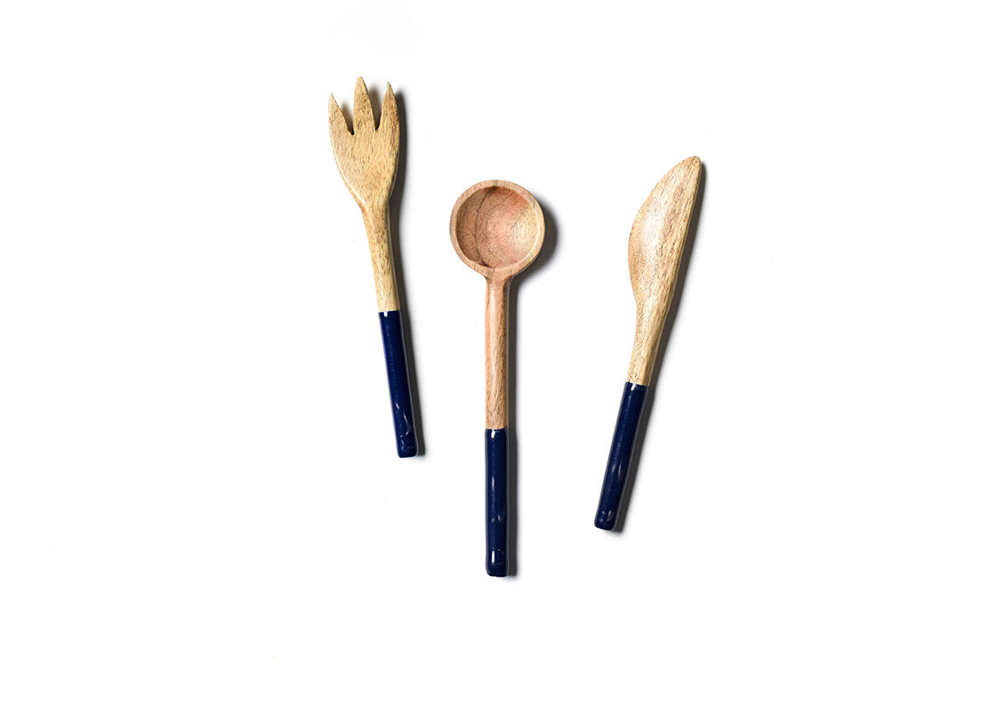 Overhead View of Fork, Spoon and Knife in Navy Fundamental Wood Appetizer Utensil Set Placed Side by Side