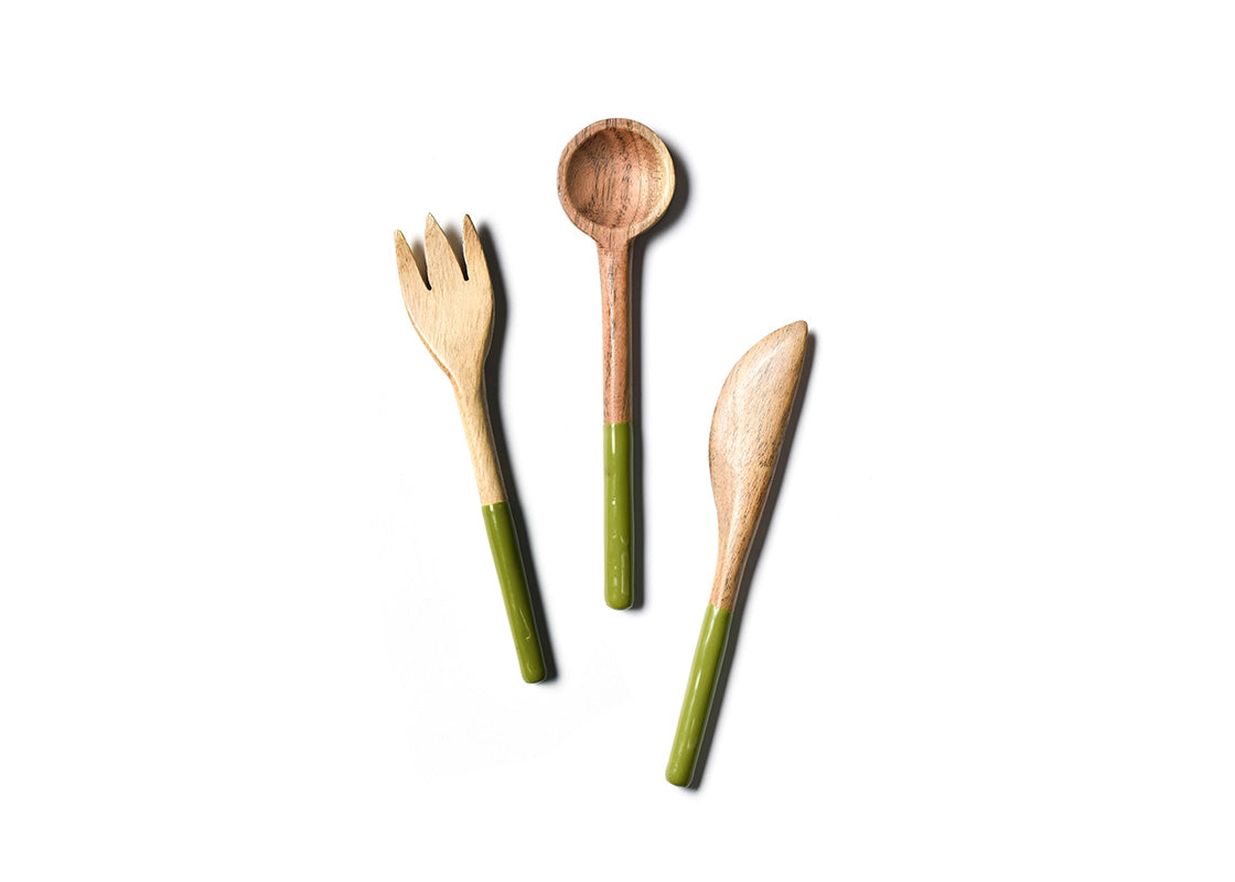 Overhead View of Fork, Spoon and Knife in Olive Fundamental Wood Appetizer Utensil Set Placed Side by Side
