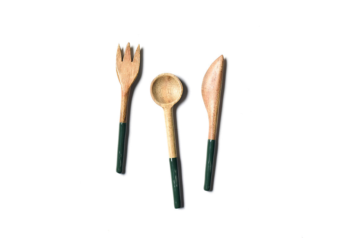 Overhead View of Fork, Spoon and Knife in Pine Fundamental Wood Appetizer Utensil Set Placed Side by Side