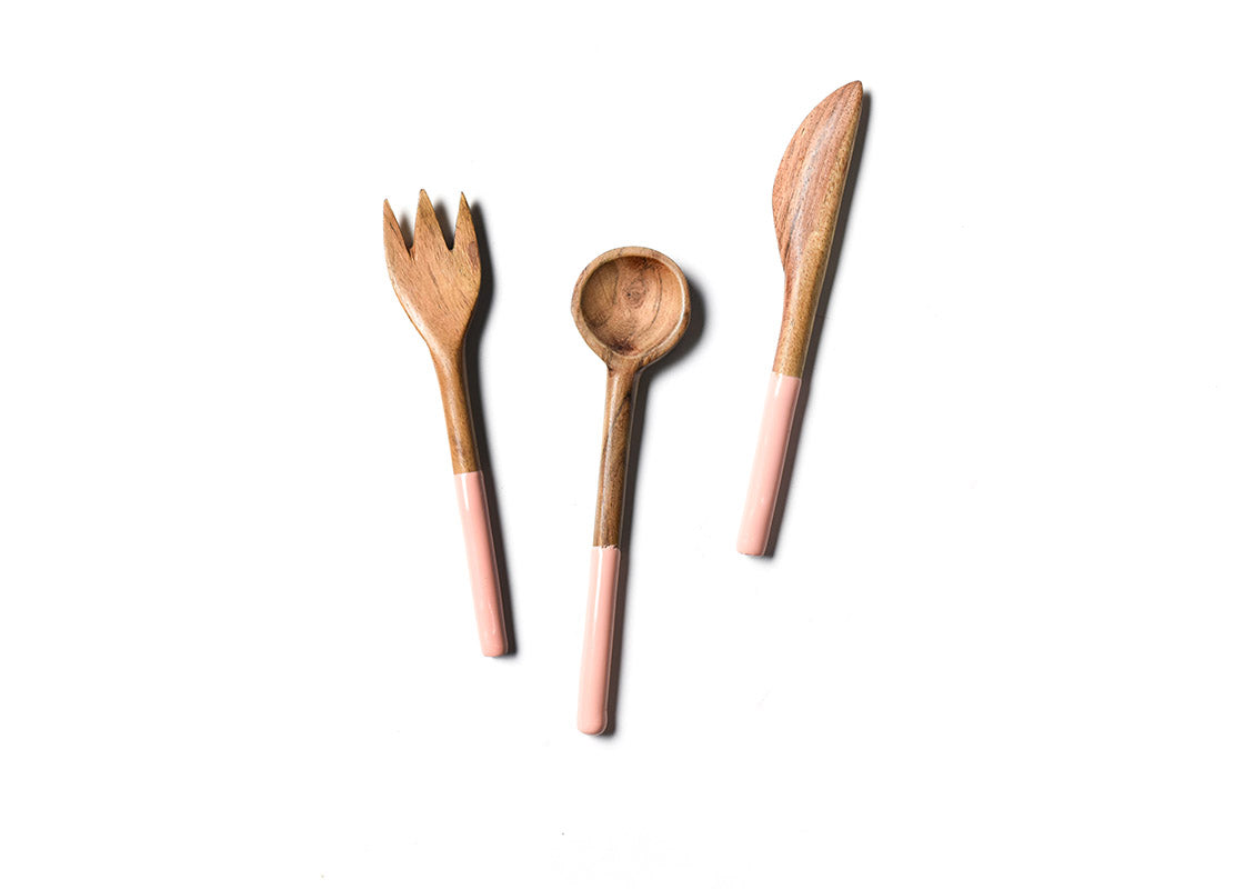 Overhead View of Fork, Spoon and Knife in Provence Fundamental Wood Appetizer Utensil Placed Side by Side