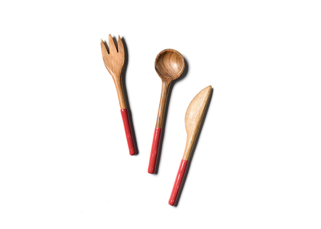 Overhead View of Fork, Spoon and Knife in Red Fundamental Wood Appetizer Utensil Set Placed Side by Side