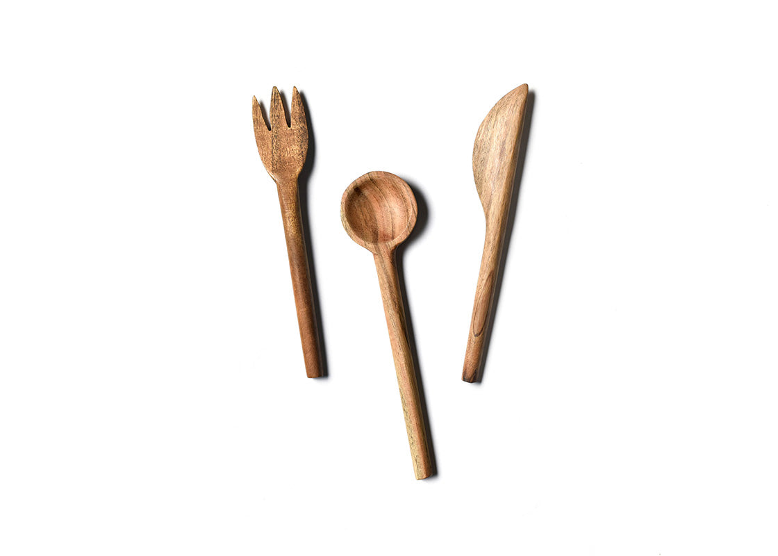 Overhead View of Fork, Spoon and Knife in Fundamental Wood Appetizer Utensil Set Placed Side by Side