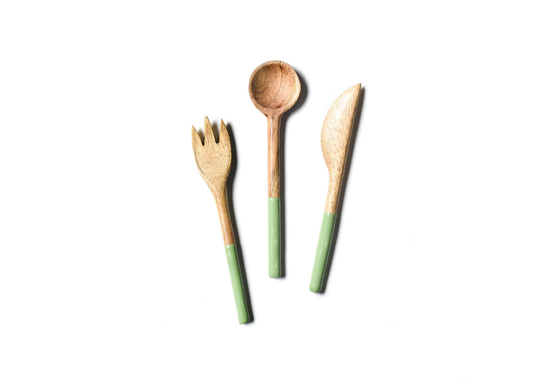 Overhead View of Fork, Spoon and Knife in Sage Fundamental Wood Appetizer Utensil Set Placed Side by Side