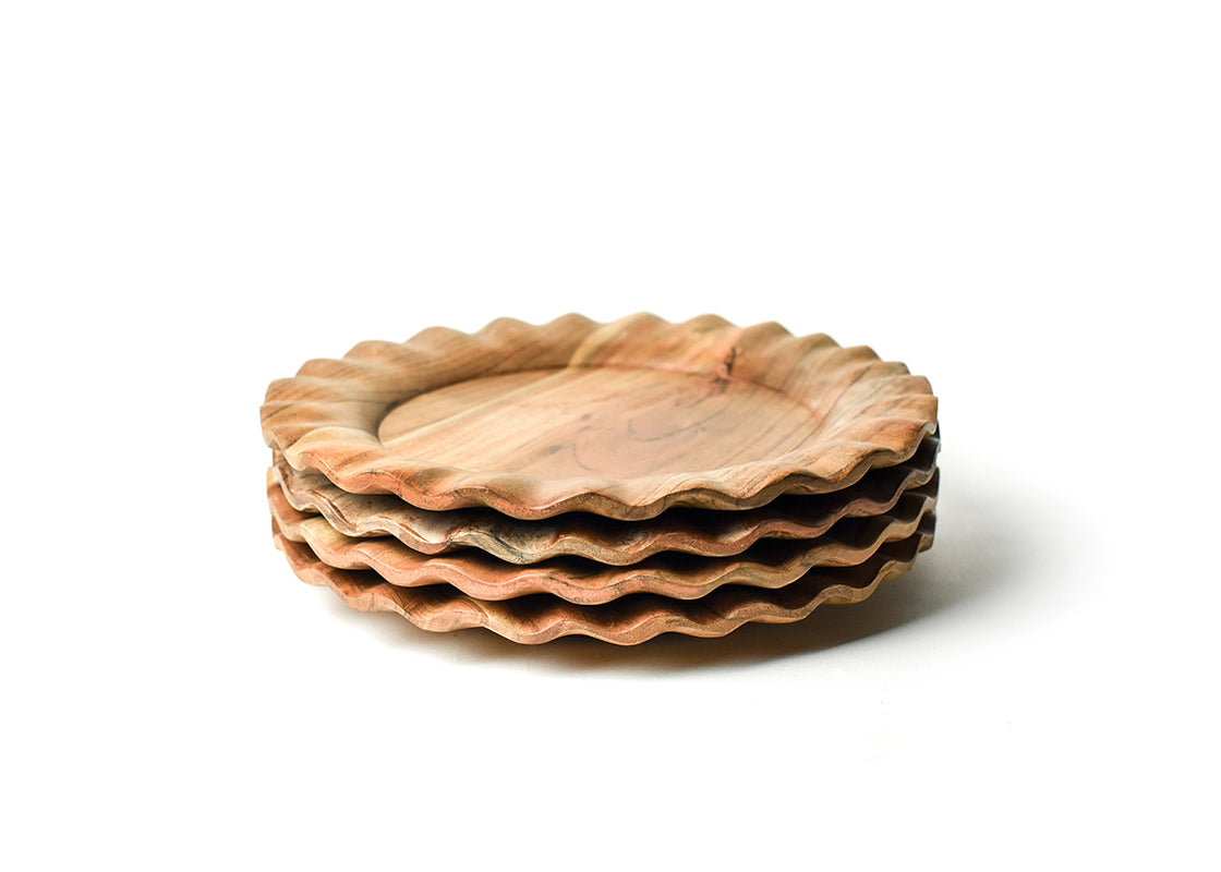 Front View of Neatly Stacked Fundamental Wood Ruffle Platter Set of 4 Showing all Pieces in Set