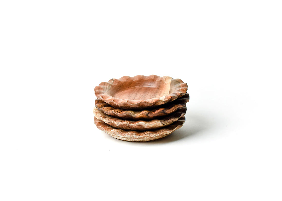 Front View of Neatly Stacked Handcrafted Fundamental Wood Ruffle Salad Plate Set of 4 Showing all Pieces in Set