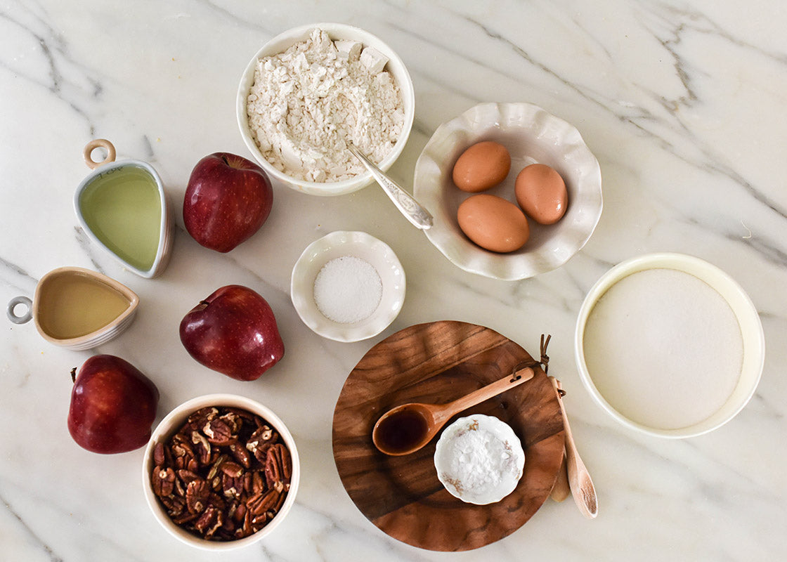 Overhead View of Coordinating Dishes Including Fundamental Wood Ruffle Salad Plate Filled with Cooking Ingredients