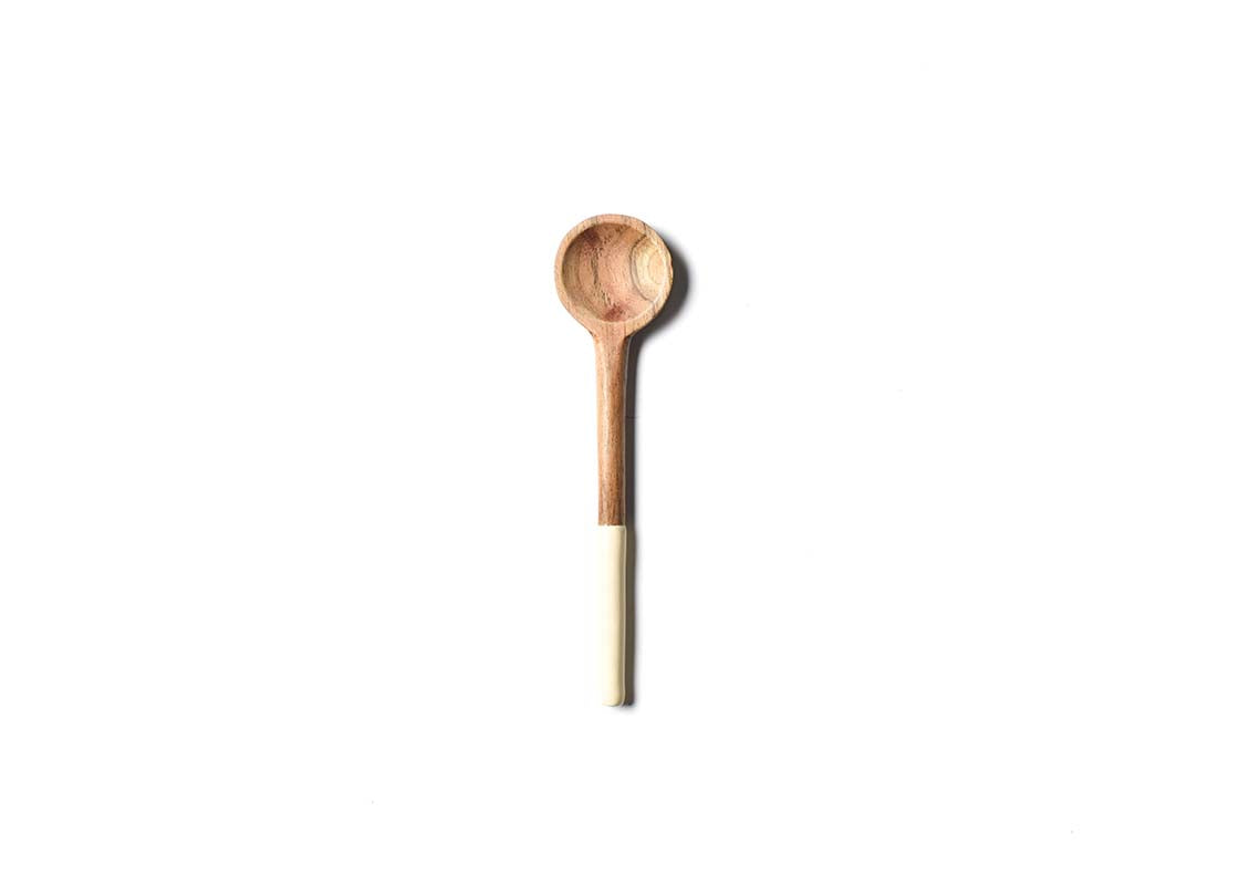 Overhead View of Ecru Fundamental Wood Appetizer Spoon Showcasing Colored Handle