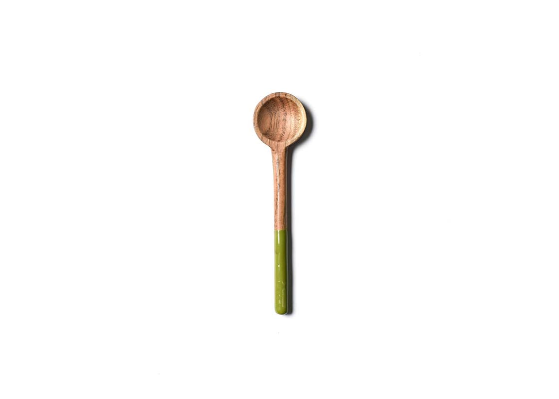 Overhead View of Olive Fundamental Wood Appetizer Spoon Showcasing Colored Handle