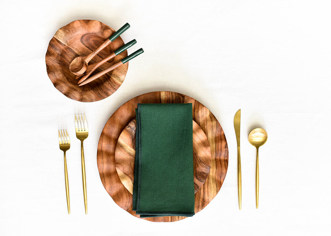 Overhead View of Fundamentals Collection Coordinated with Color Block Utensils Including Pine Appetizer Fork
