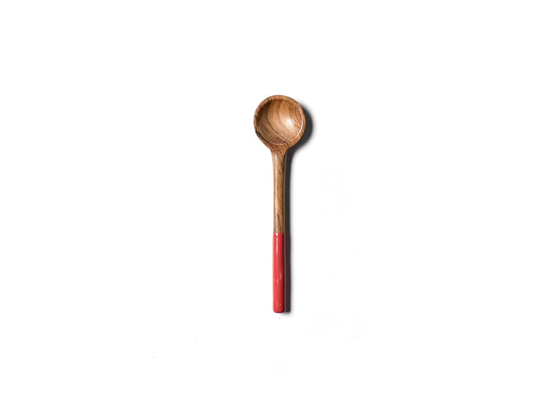 Overhead View of Red Fundamental Wood Appetizer Spoon Showcasing Colored Handle