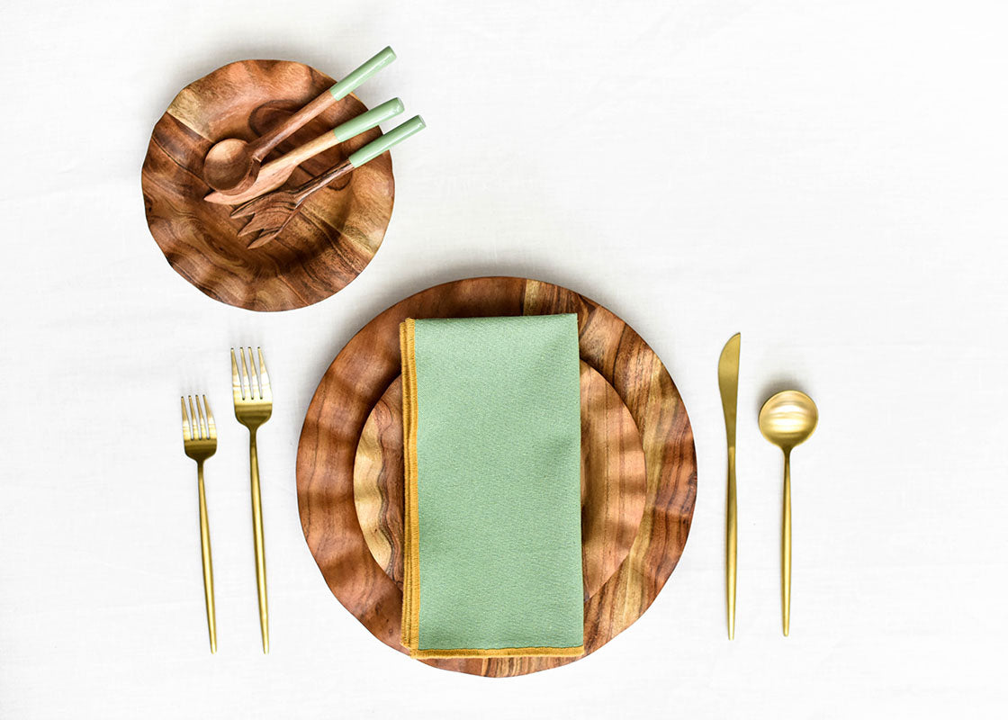 Overhead View of Fundamentals Collection Utensil Set Including Sage Wood Appetizer