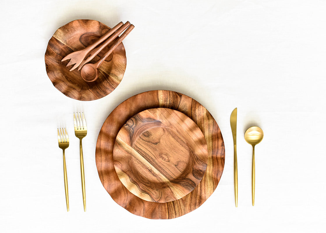 Overhead View of Fundamental Collection Including Wood Appetizer Spoon