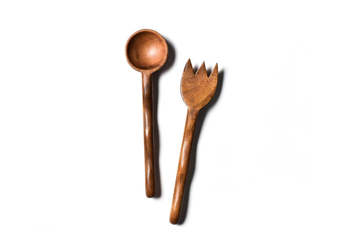 Overhead View of Fork and Spoon in Fundamental Wood Ruffle Salad Server Set Placed Side by Side