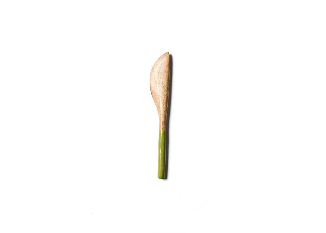 Overhead View of Olive Fundamental Wood Appetizer Spreader Showcasing Colored Handle