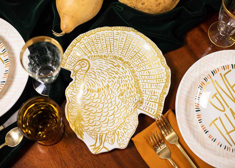Festive Holiday Table Setting Featuring Thanksgiving Turkey Serving Platter