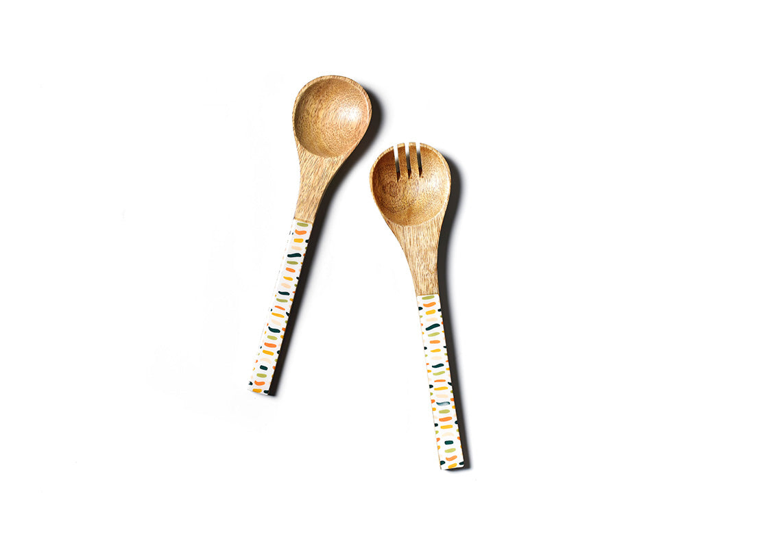 Overhead View of Fork and Spoon in Feathered Wood Salad Server Set Placed Side by Side