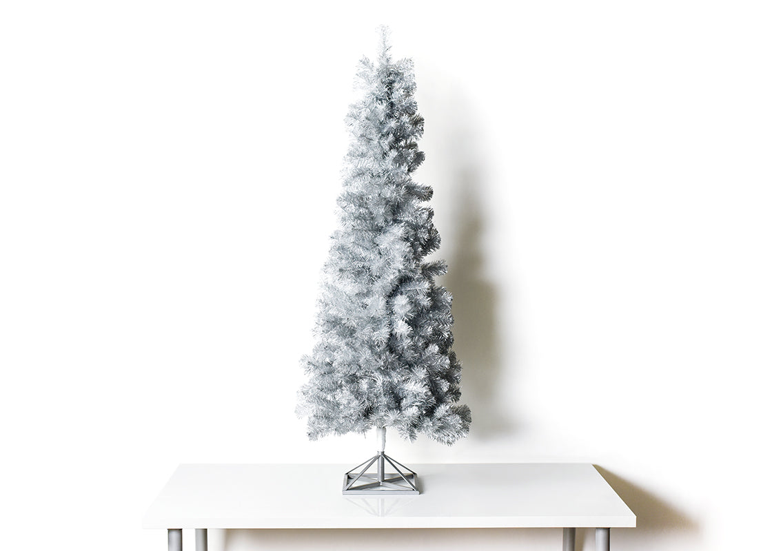 Front View of 5 Foot Silver Tinsel Tree on Table