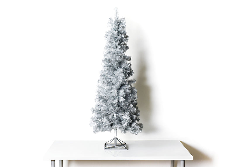 5-Foot Silver Tinsel Christmas Tree Elevated on Table with Stand