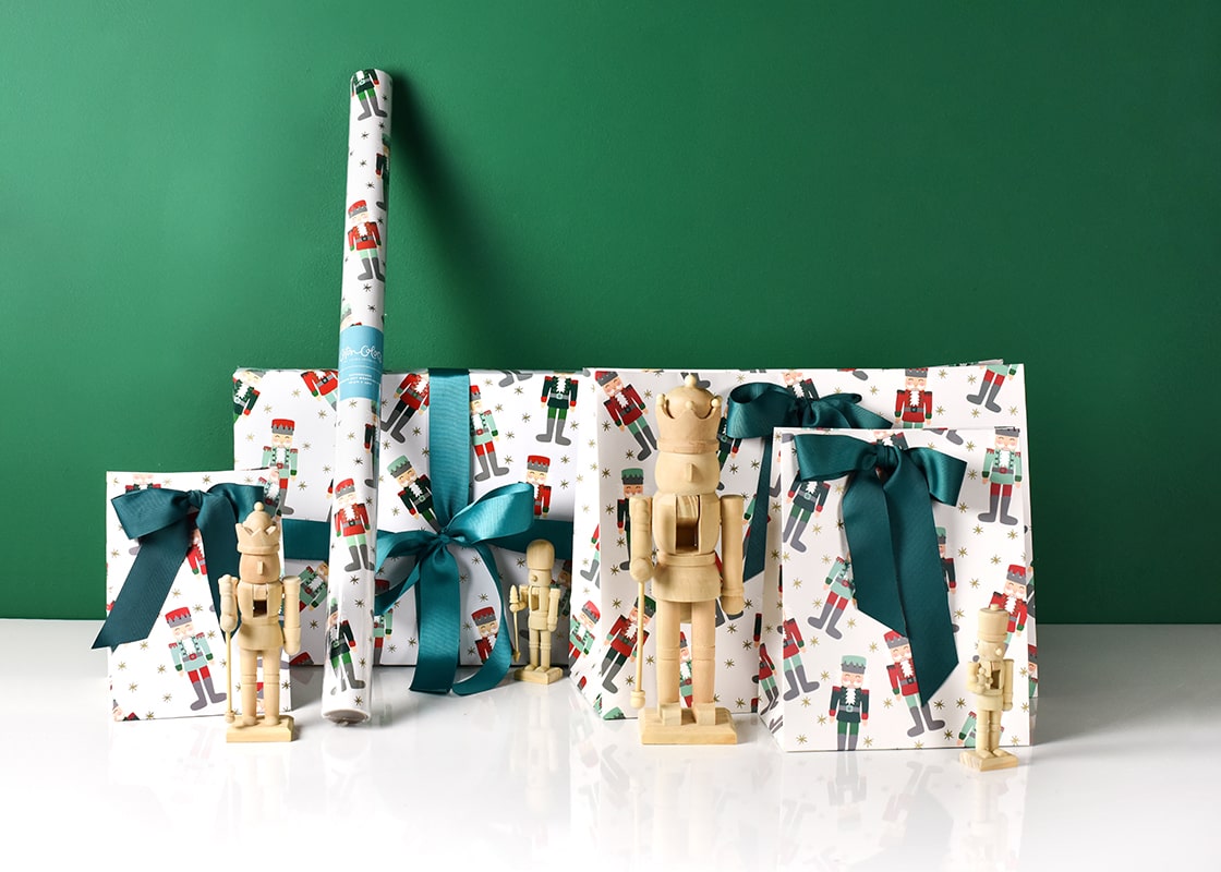 Front View of Nutcracker Design Wrapping Paper and Gift Bags Including Medium Nutcracker Gift Bag