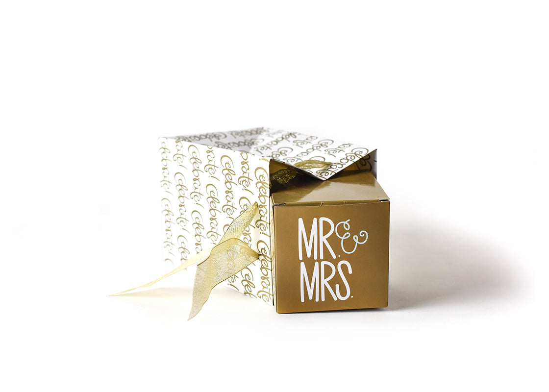 Front View of Mr. and Mrs. Glass Ornament in Celebrate Small Gift Bag Showcasing it's Perfect Fit