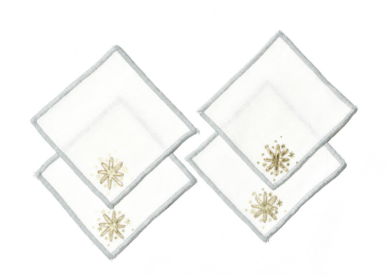 Embroidered Linen Cocktail Napkins Gold Stars Design Set of 4