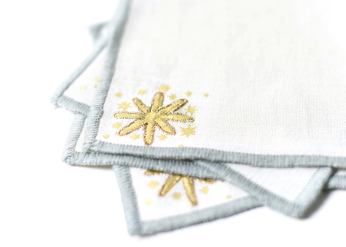 Cropped Close up of Embroidery on Loosely Stacked Gold Stars Cocktail Napkin Set of 4 Showcasing Beautiful Texture of Fabric
