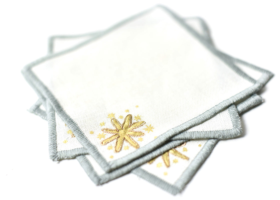 Cropped Close up of Detailed Embroidery on Loosely Stacked Gold Stars Cocktail Napkin Set of 4 Showcasing Beautiful Texture of Fabric