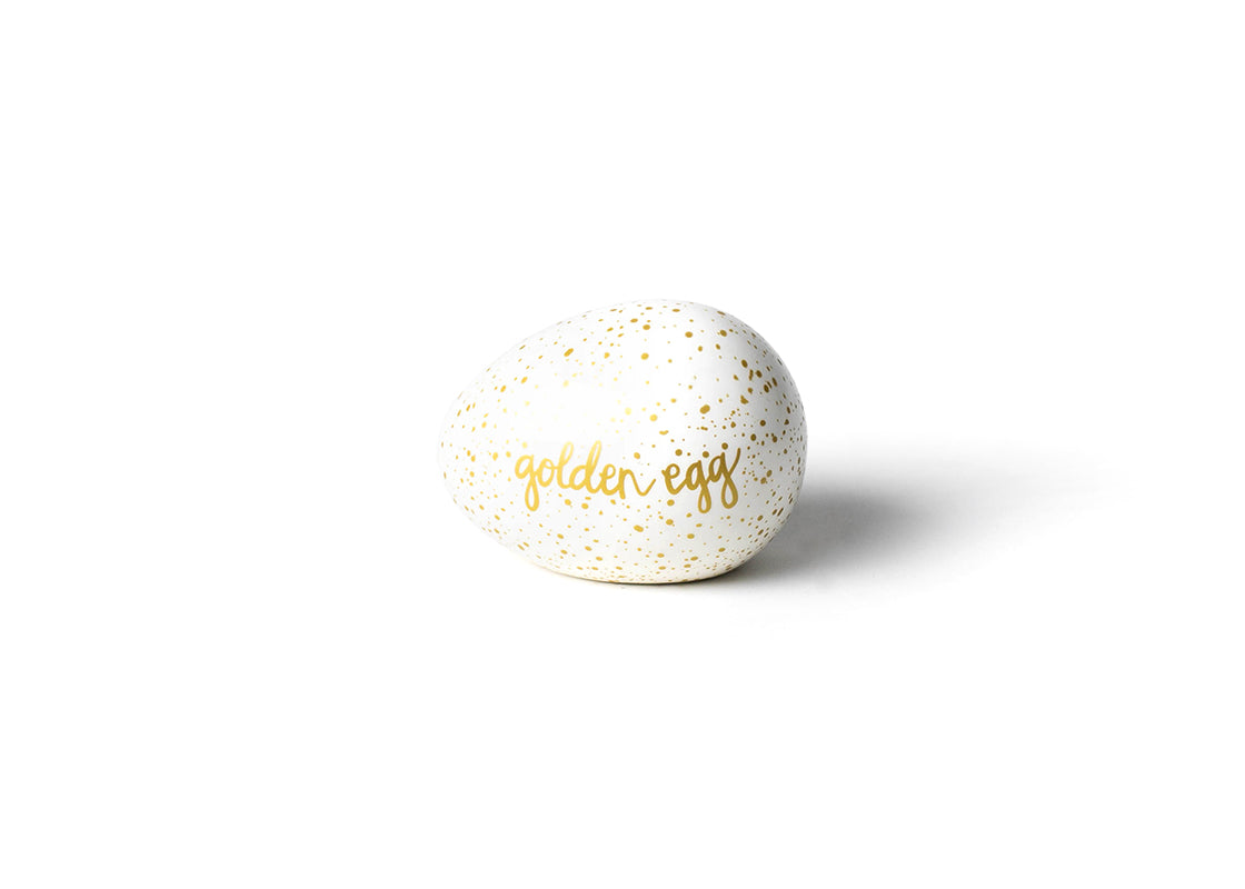 Front View of Speckled Golden Egg Showcasing the Message "Golden Egg" in our Branded Handwriting