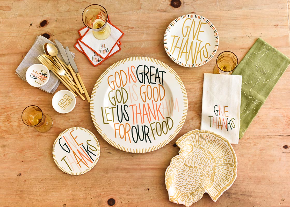 Overhead View of Coton Colors Thanksgiving Designs Including Give Thanks Embroidered Linen Cocktail Napkins