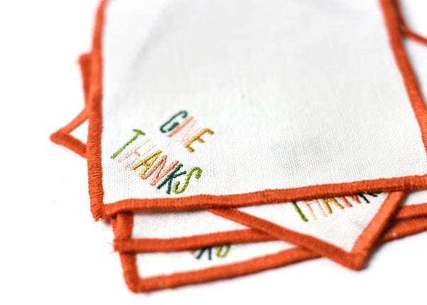 Linen Cocktail Napkins Embroidered Give Thanks Design
