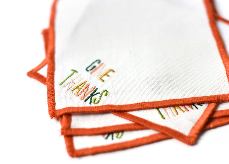 Linen Cocktail Napkins Embroidered Give Thanks Design