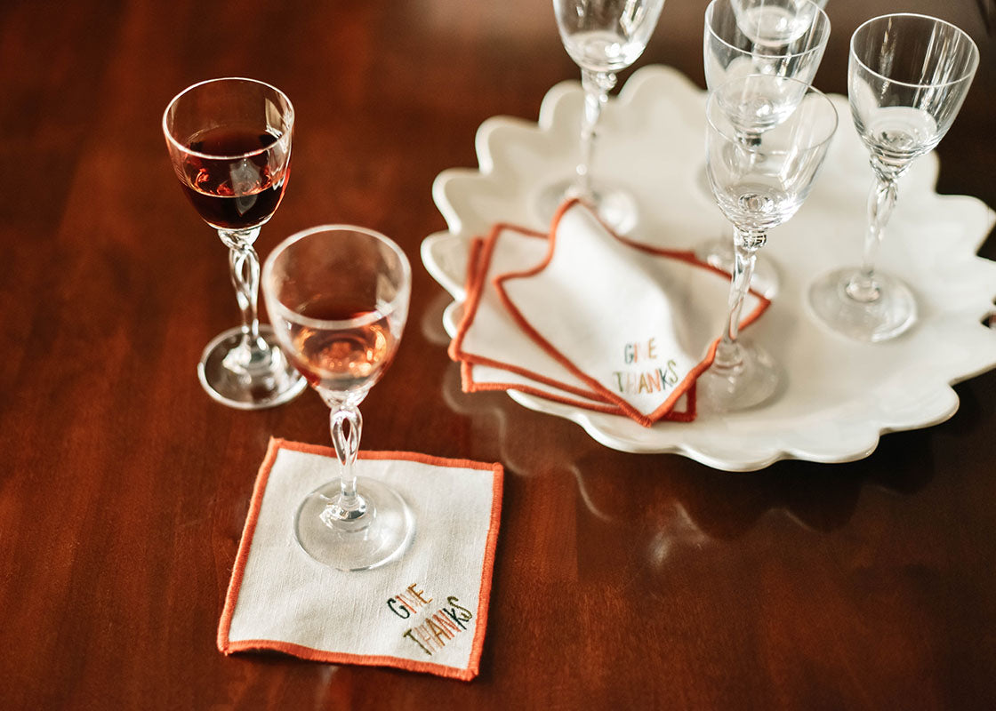 Overhead View of Wine Service with Give Thanks Embroidered Cocktail Napkins