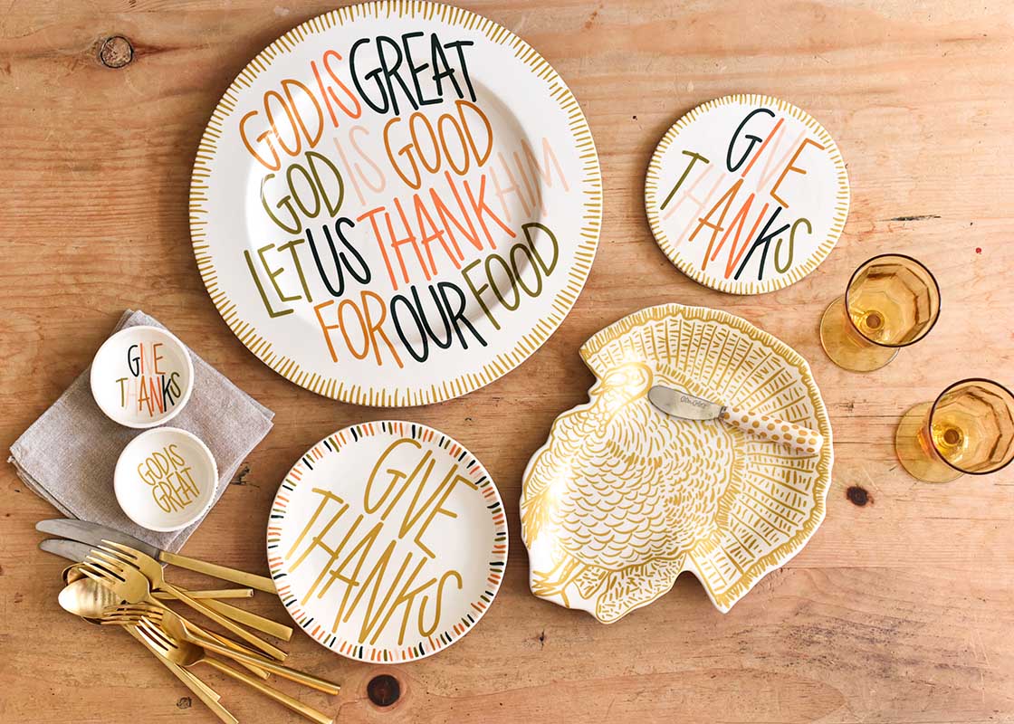 Overhead View of Dusk GIve Thanks Serveware with Coordinating Seasonal Designs