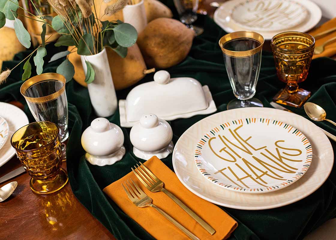 Cropped Close up of Give Thanks Plate on Seasonal Tablescape