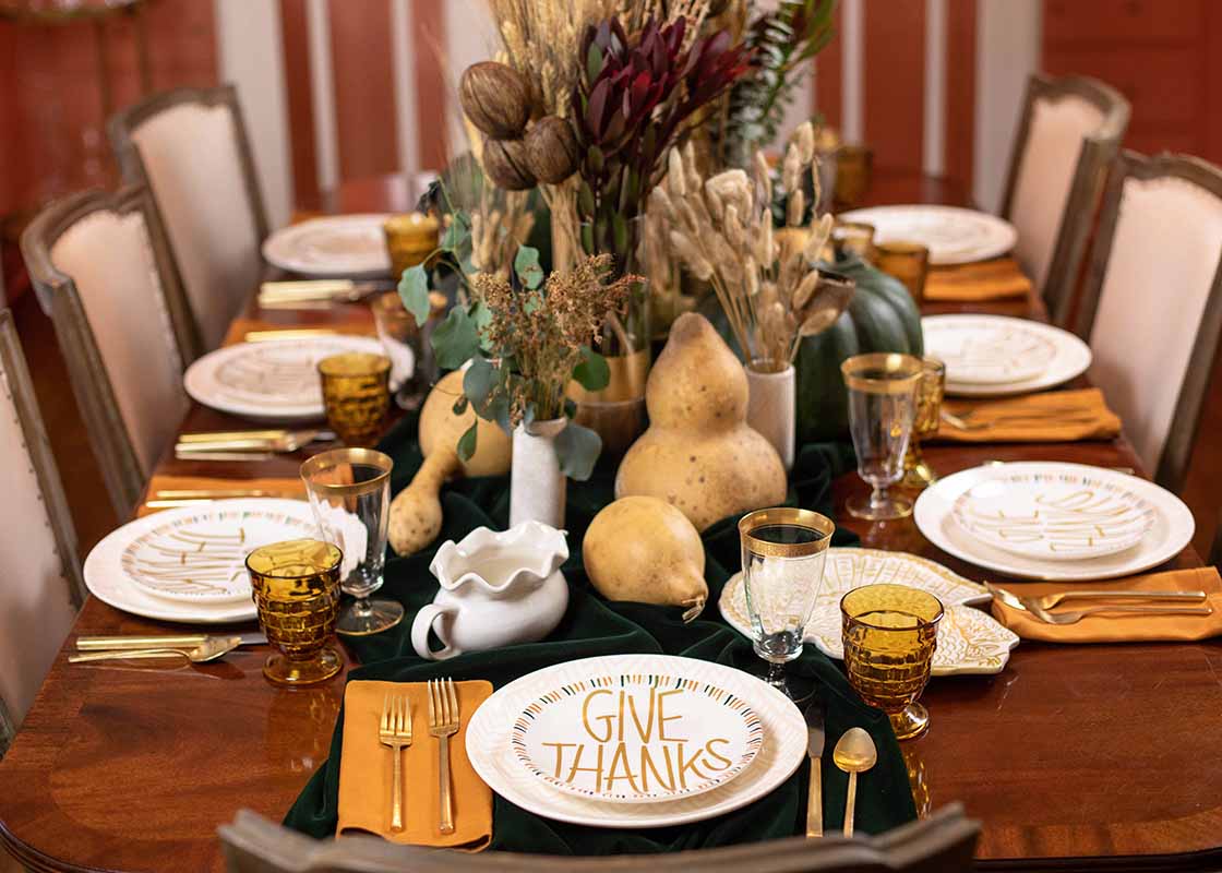 Cropped Close up of Festive Thanksgiving Tablescape Set with Give Thanks Salad Plates on Blush Dinner Plates