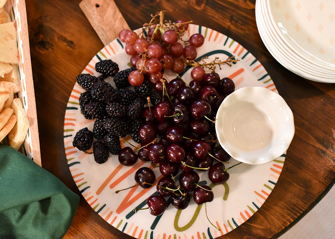 Overhead View of Give Thanks Dusk Wood Medium Round Board Serving Cherries and Grapes